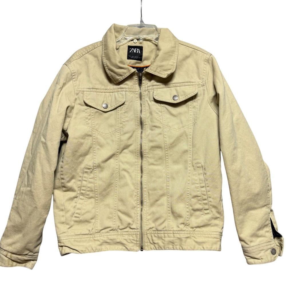 Zara Man Tan Khaki Cotton‎ Twill Full Zip Trucker Jacket Mens Size Large L